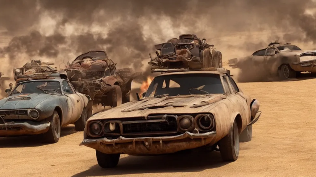Image similar to mad max cars in a pixar movie