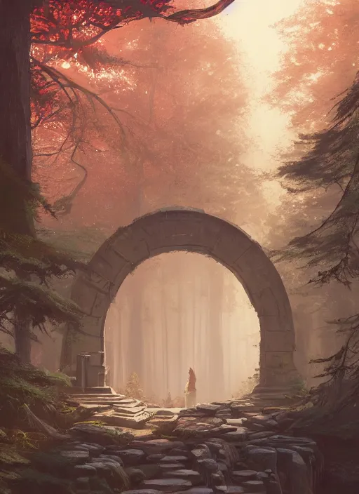 Prompt: a beautiful detailed matte painting of ancient ornamental mystical gate in the middle of forest by atey ghailan, by greg rutkowski, by ghibli, hyper realistic, dynamic lighting, concept art, vibrant, detailed, grunge aesthetic, clean, sharp, trending on artstation