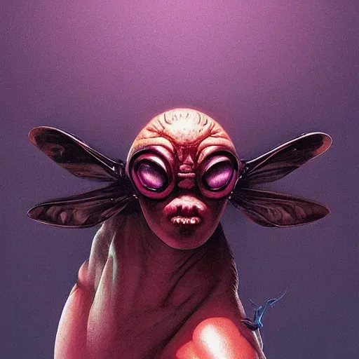 Prompt: giant humanoid fly against dark background, fluid, smooth, organic, crazy, high contrast, sharpness, dramatic, very detailed, simple shapes, by greg rutkowski and artgerm and siudmak and richard corben and moebius