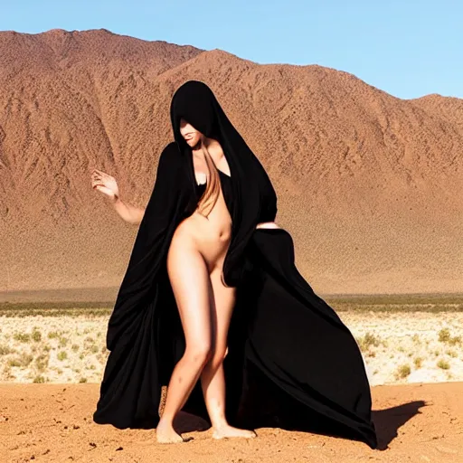 Image similar to beautiful demon woman wearing only a black blanket in a desert