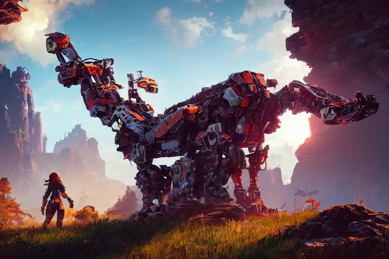 Image similar to scrapper machine mecanical creature robot of horizon forbidden west horizon zero dawn radiating a glowing aura global illumination ray tracing hdr fanart arstation by ian pesty and alena aenami artworks in 4 k