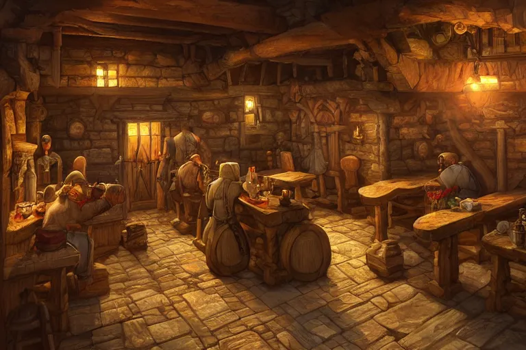 Image similar to a digital painting of an isometric wooden medieval tavern interior by justin gerard, paul bonner, rpg game environment, highly detailed, volumetric lighting, digital art, isometric, artstation hd