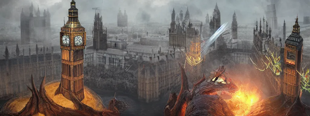 Image similar to large sinkhole in the middle of london westminster, big ben, with ancient glowing spiked wyvern flying creatures emerging from the hole, in the style of monster hunter world, like concept art on artstation, hyperdetailed, vray render, octane render,