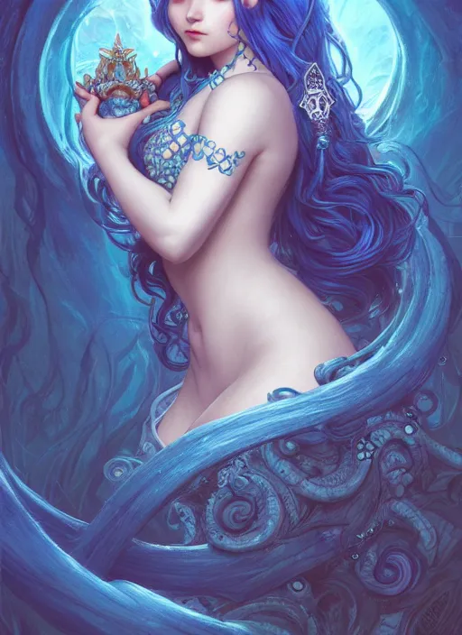 Image similar to highly detailed ilustration of a beautiful blue haired woman as a deep sea princess in a coral city of deep sea, deep focus, d & d, fantasy, intricate, elegant, highly detailed, digital painting, artstation, concept art, matte, sharp focus, illustration, hearthstone, art by artgerm and greg rutkowski and alphonse mucha