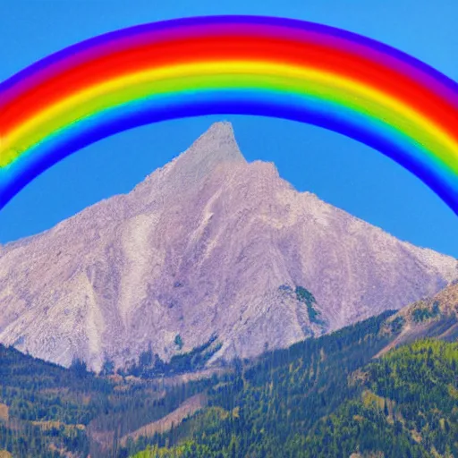 Prompt: a mountain portrait with in the sky a rainbow