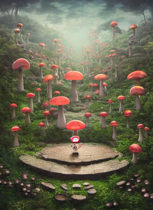 Prompt: wide - angle shot of mushroom temple, depth of field, zeiss lens, detailed, symmetrical, centered, fashion photoshoot, by nicoletta ceccoli, mark ryden, lostfish, earl nore, hyung tae, frank frazetta, breathtaking, 8 k resolution, extremely detailed, beautiful, establishing shot, artistic, hyperrealistic, octane render