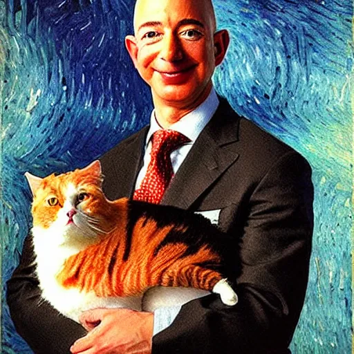 Image similar to a beautiful oil painting of jeff bezos holding a cat, 8k , award winning , made in 1800's , old , painted by vincent van gogh