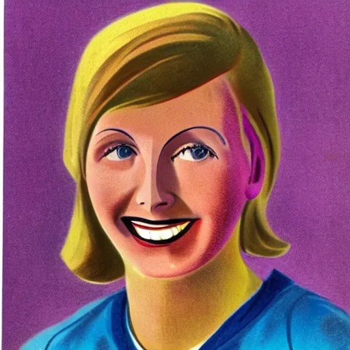 Image similar to a 1 9 2 8 color drawing portrait. happy, healthy, smiling, sporty, glowing, teenage greta garbo in athletic wear with big smile and healthy teeth. colorful, realistic, high quality.