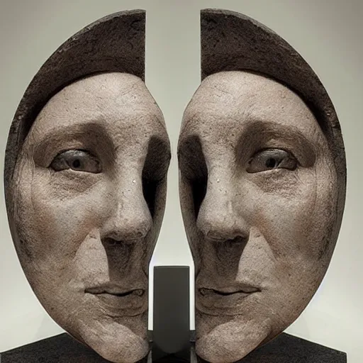 Prompt: surrealism sculpture by enrico ferrarini, multiple faces of the double shadow, meaning ferocious and split.