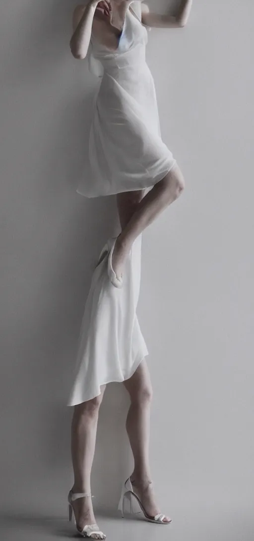 Image similar to cute annie leonhart in open toe heels in a white dress in a white room, beautiful face, pale skin, rule of thirds, cinematic lighting, rainy weather, melancholy atmosphere, sharp focus, backlit, stunning, model agency, smooth, hard focus, full body shot, instagram photo, shot on sony a 7 iii, hyper realistic,