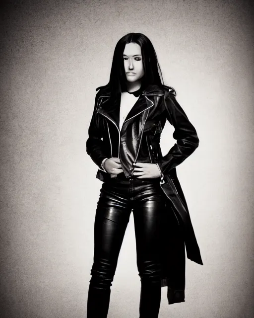 Image similar to young girl in her 20s, she wears a leather jacket and knee high boots, full body portrait, taken by a nikon, intricate, cinematic, wonderful dark hair