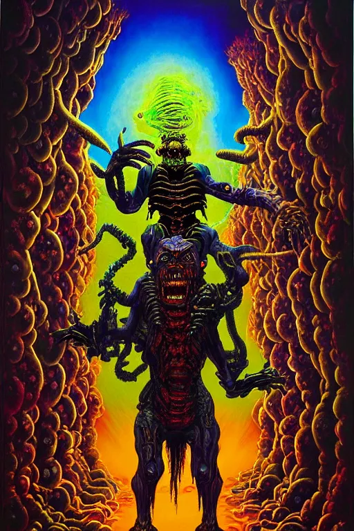 Prompt: a hyperrealistic painting of an epic boss fight against an ornate supreme telekinetic dark overlord, cinematic horror by chris cunningham, lisa frank, richard corben, highly detailed, vivid color,