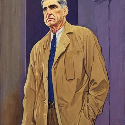 Prompt: socialist realist painting of robert mueller!!! standing with folded arms, disco elysium concept art by j. c. leyendecker and diego rivera