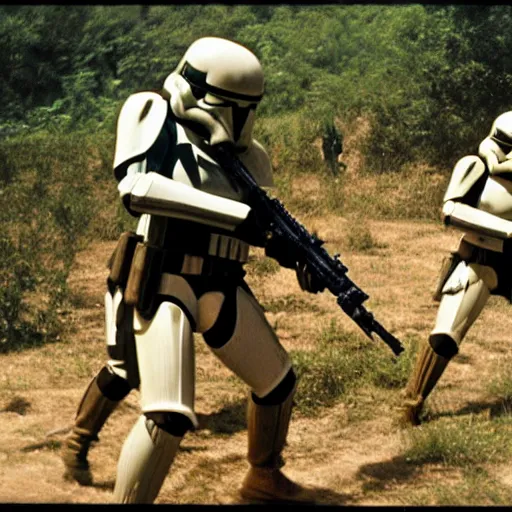 Image similar to star wars clone troopers combat soldiers in vietnam, photo, old picture, lush landscape, jungle, firearms, explosions, helicopters, aerial combat, active battle zone, flamethrower, air support, jedi, land mines, gunfire, violent, star destroyers, star wars lasers, sci - fi, jetpacks, agent orange, bomber planes, smoke, trench warfare