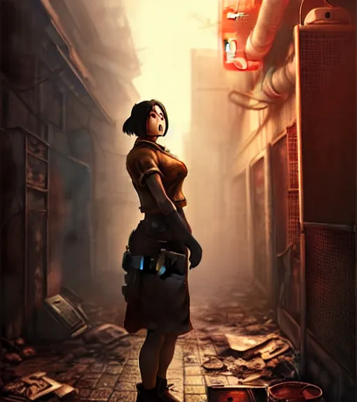 Image similar to fallout 5, charismatic beautiful rugged asian female protagonist, portrait, outdoors in a dilapidated tokyo back alley, atmospheric lighting, painted, intricate, volumetric lighting, daytime, autumn, fog, sharp focus, ultra detailed, art by william turner and ross tran