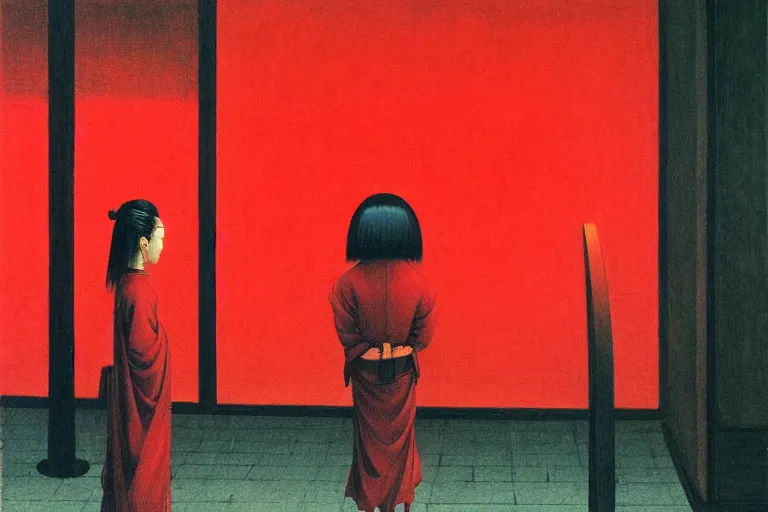 Image similar to only with red, a red samurai, tokio in background, some evil yokai, in the style of beksinski, parts by edward hopper, parts by rodcenko, parts by yue minjun, intricate and epic composition, red by caravaggio, insanely quality, highly detailed, masterpiece, red light, artstation, 4 k