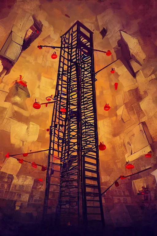 Prompt: elaborate surreal upside-down tower of bookshelves and ladders coming down from the skies, concept art, red and orange coloring, 4k