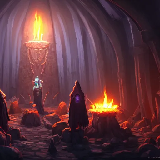 Image similar to a dark vile dungeon, dim magical torches glowing on walls, a necromancer summoning a powerful daedra in the middle of a magical runic circle, detailed fantasy concept art by artstation