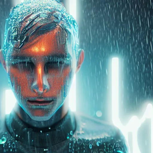 Image similar to a human made out of rain, neon, rendered in octane, unreal engine, highly detailed, realistic, beautiful, emotional