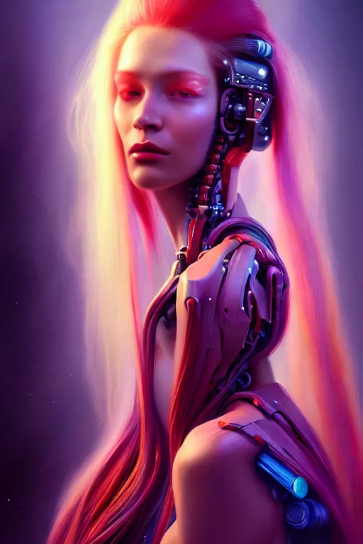 Prompt: a portrait of a beautiful young 28th century super cool post-human female wiht long colorful hair, barely human and largely biomechanical machine, hyper-realistic cyberpunk style, designs by Peter Mohrbacher Takayuki Takeya moody, face by Yanjun Cheng, Irakli Nadar, models by 500px, dramatic cinematic lighting rendered by octane, 8k, detailed, intricate, clean and textures, trending on artstation, deviantart google images, pinterest