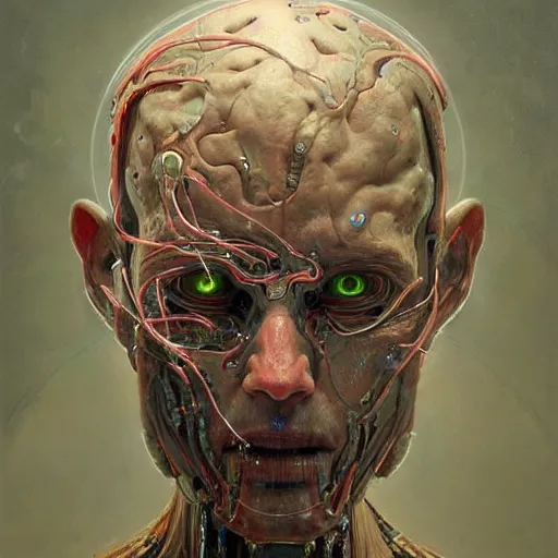 Image similar to portrait art illustration of an ultradetailed biomechanic evil neuronal cyborg, by greg rutkowski and Zdzisław Beksiński., photorealistic, 8k, intricate, futuristic, dramatic light, trending on cg society