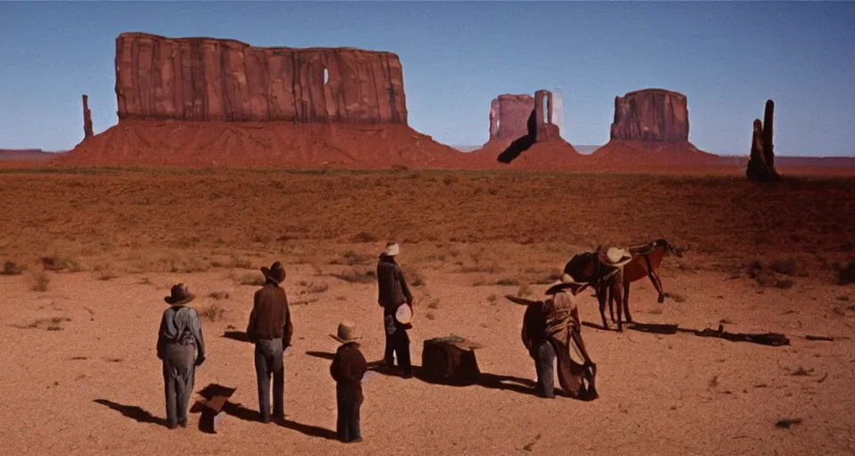 Prompt: film still showing cowboys looking at a gigantic Henry Moore sculpture in the desert directed by Sergio Leone, western, monument valley, cinemascope, technicolor