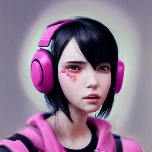 Image similar to a girl with pink and black hair wearing earmuffs and with bionic eyes, digital art, 8 k resolution, unreal engine, highly detailed, very detailed eyes, photorealistic by wlop, greg rutkowski