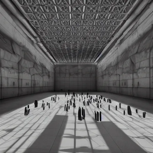 Image similar to octane render, inside the grand hall of a stunning giant huge brutalist cement palace, a giant floating screaming face made out of swirling colorful glowing particles, a huge crowd of people in black cult robes kneeling down, cinema 4 d, volumetric lighting and shadows, fog, moody, atmospheric, 8 k