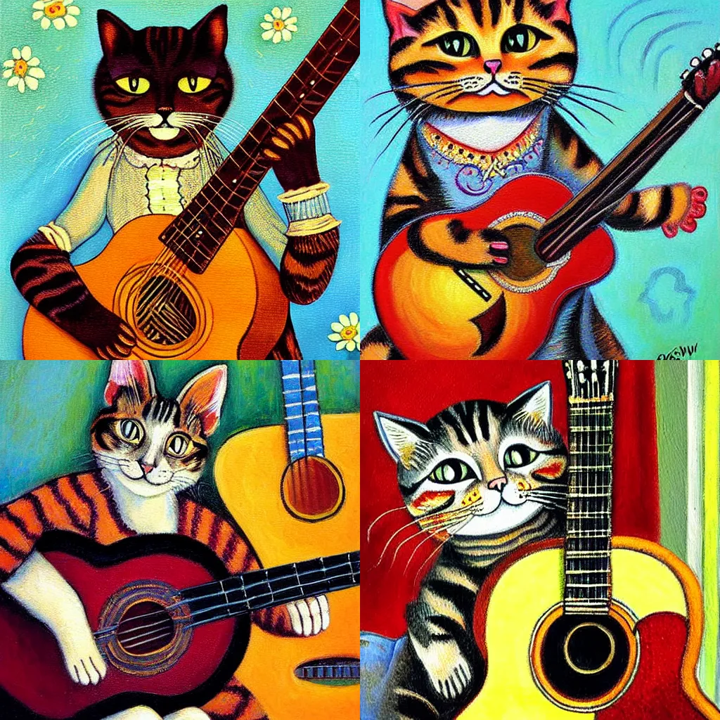 Prompt: A cat playing an acoustic guitar Beautiful artwork detailed painting by Louis Wain by Greg Rutkowsky by Lisa Keene