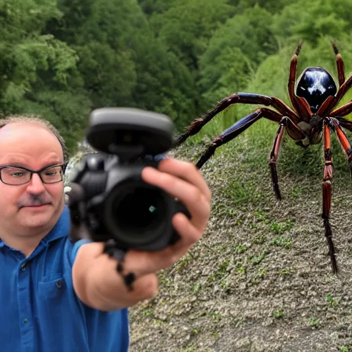 Prompt: A giant spider is behind the cameraman but he doesn't know