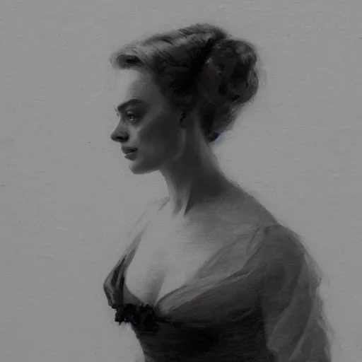 Image similar to portrait of Margot Robbie, antebellum dress, b&w shading, by Ilya Repin, and Greg Rutkowski