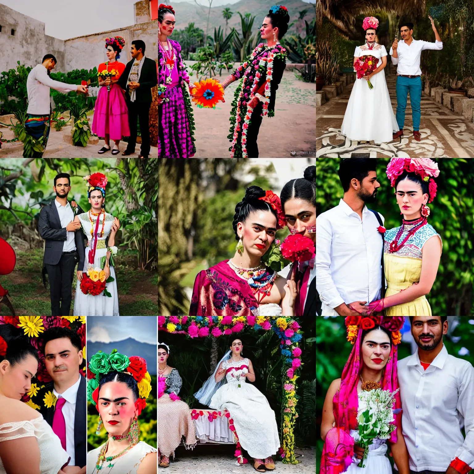 Prompt: frida kahlo style two humans getting married in mexico