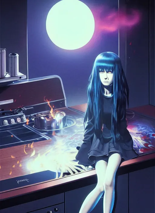 Prompt: emo girl battles again a stove fire. floating planets on the background, box office hit, fantasy and seventies italian horror movie, unreal engine, intricate, highly detailed 8 k, ambient occlusion, extremely beautiful and aesthetic shape of face and neck, art by hiroaki samura and ilya kuvshinov, range murata and rossdraws