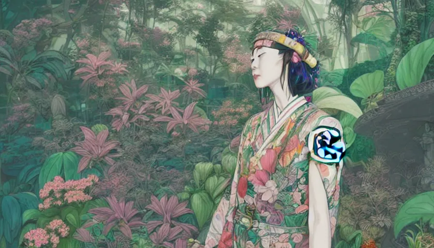 Image similar to a digital painting of a woman wearing gucci exploring a magical japanese temple, lush plants and flowers, eco - cyberpunk art by james jean, cgsociety, retrofuturism, anime aesthetic, chromatic, iridescent, uhd