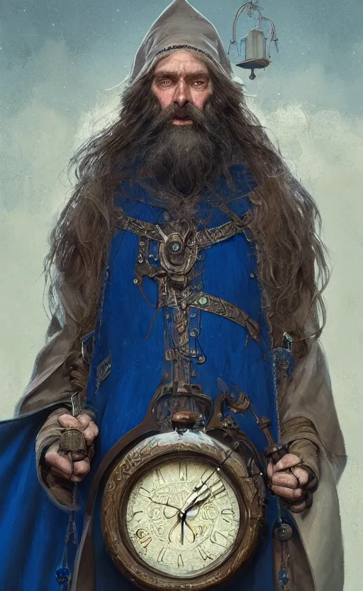 Image similar to portrait of a middle aged elf with a long beard, dressed in a blue cloak with clock iconography, brown hair, raised hand, detailed face, fantasy, highly detailed, cinematic lighting, digital art painting by greg rutkowski