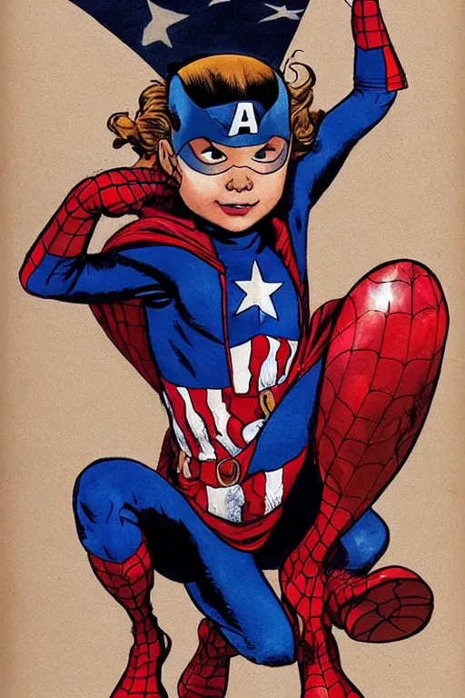 Prompt: a little girl with a mischievous face and light brown curly wavy hair. she is dressed as captain america, spider - man, batman, captain marvel, a superhero. clean elegant painting, beautiful detailed face. by steve ditko and jack kirby and greg rutkowski