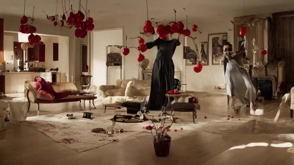 Prompt: Cherry on Cherry violence in a living room, film still from the movie directed by Denis Villeneuve with art direction by Salvador Dalí, wide lens