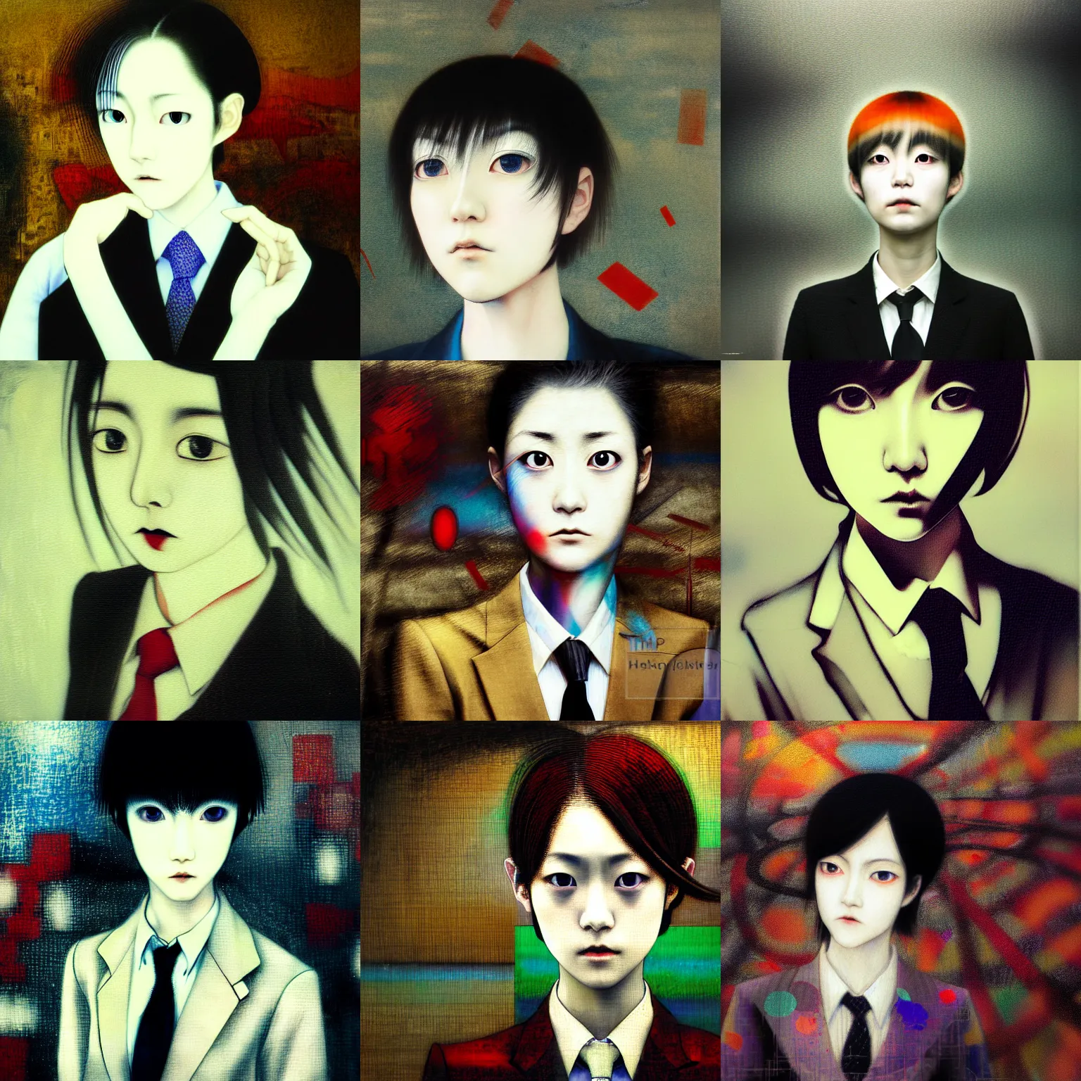 Image similar to yoshitaka amano blurred and dreamy realistic three quarter angle portrait of a young woman with short hair and black eyes wearing office suit with tie, junji ito abstract patterns in the background, satoshi kon anime, noisy film grain effect, highly detailed, renaissance oil painting, weird portrait angle, blurred lost edges