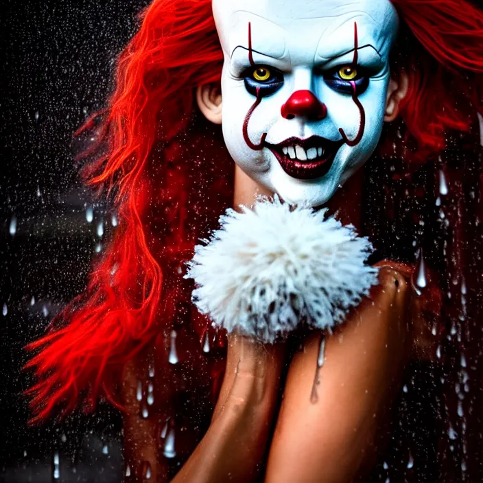 Image similar to fully body pose, photo of a very beautiful!! victoria secret model, pennywise, wet hair, raining, 8 k, hdr, smooth, sharp focus, high resolution, award - winning photo, trending on artstation, dslr, 5 0 mm