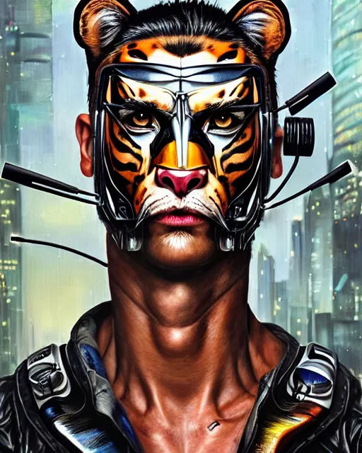 Image similar to a portrait of a muscular anthropomorphic cyberpunk tiger by sandra chevrier, by jon foster, detailed render, pistol in holster, tape deck, epic composition, cybernetics, 4 k realistic, cryengine, realistic shaded lighting, sharp focus, masterpiece, by enki bilal