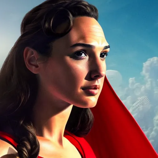 Prompt: an potrait of gal Gadot cast of movie man of steel and wearing a superman suit, photorealistic high detail, view from below, High Quality.