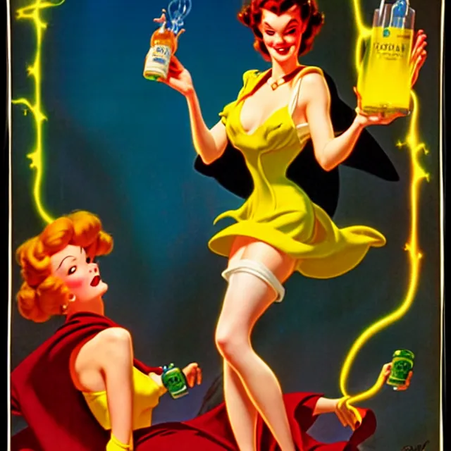 Prompt: disney key visual of an attractive sorceress holding two flasksfull of glowing liquid, mad scientist's lab background, by gil elvgren and stanley lau