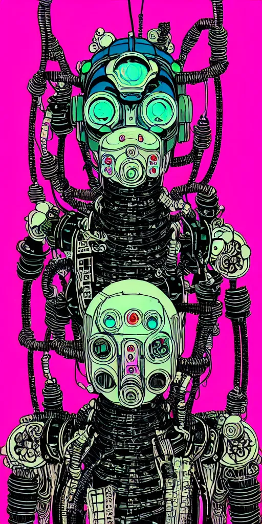 Prompt: flowerpunk mech scally samurai - it's one character in a mask with a lot of wires and tubes like in a ghost in the shell, risograph grainy painting, vibrant colors, grotesque, wrapped thermal background, bymike mignola and moebius art, midshot wide portrait