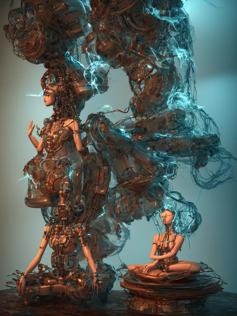 Prompt: an ancient mystical alluring female shaman generating flowing energy and surrounded by wisps of incense smoke sits meditating in a magical cybernetic robot temple, face, by vitaly bulgarov and roberto ferri, 3 d, cinema 4 d render, trending on artstation