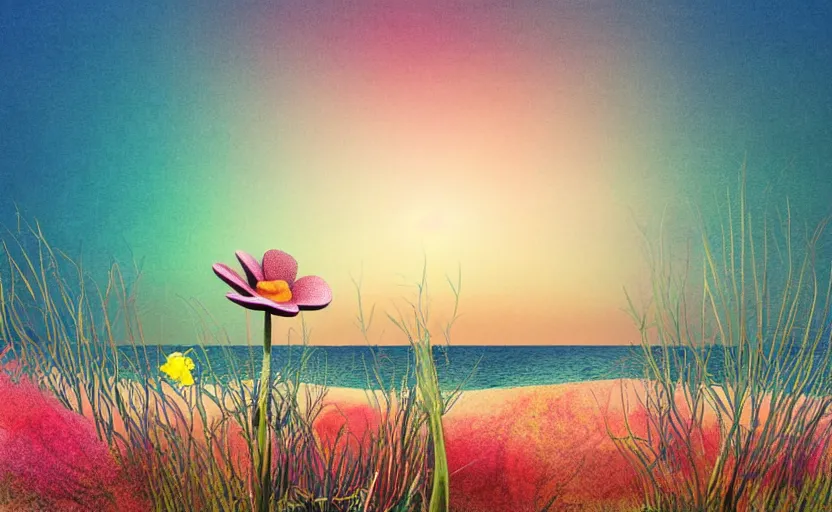 Image similar to one single stand alone huge hyperdetailed minimalist flower, seen from the long distance. by the sea. maximalist unexpected elements. free sky in plain natural warm tones. 8 x 1 6 k hd mixed media 3 d collage in the style of a childrenbook illustration in pastel tones. matte matte background. no frame hd