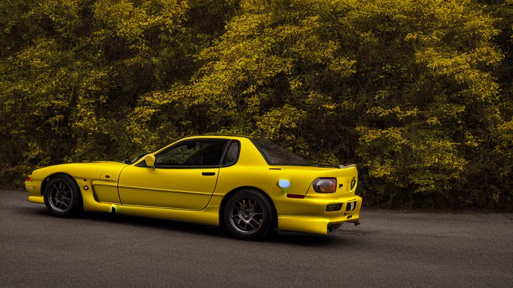 Image similar to a yellow jdm mazda rx 7, cinematic, nikon d 7 5 0, long exposure, white balance, 8 k, led, lumen global illumination, fog, ray tracing reflections, fxaa, rtx, post - production