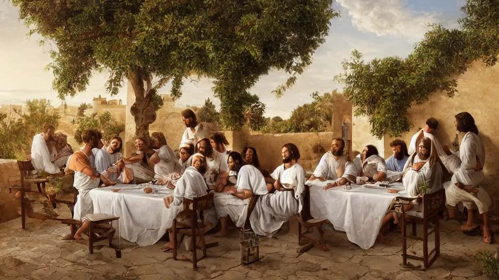 Prompt: tennis players seating in the scene of the last supper, under the porch of a typical portuguese house, with typical alentejo landscape in the back, sunny morning, matte painting, oil canvas, photorealistic illustration, extreme detail, hyper realistic, highly detailed, digital art