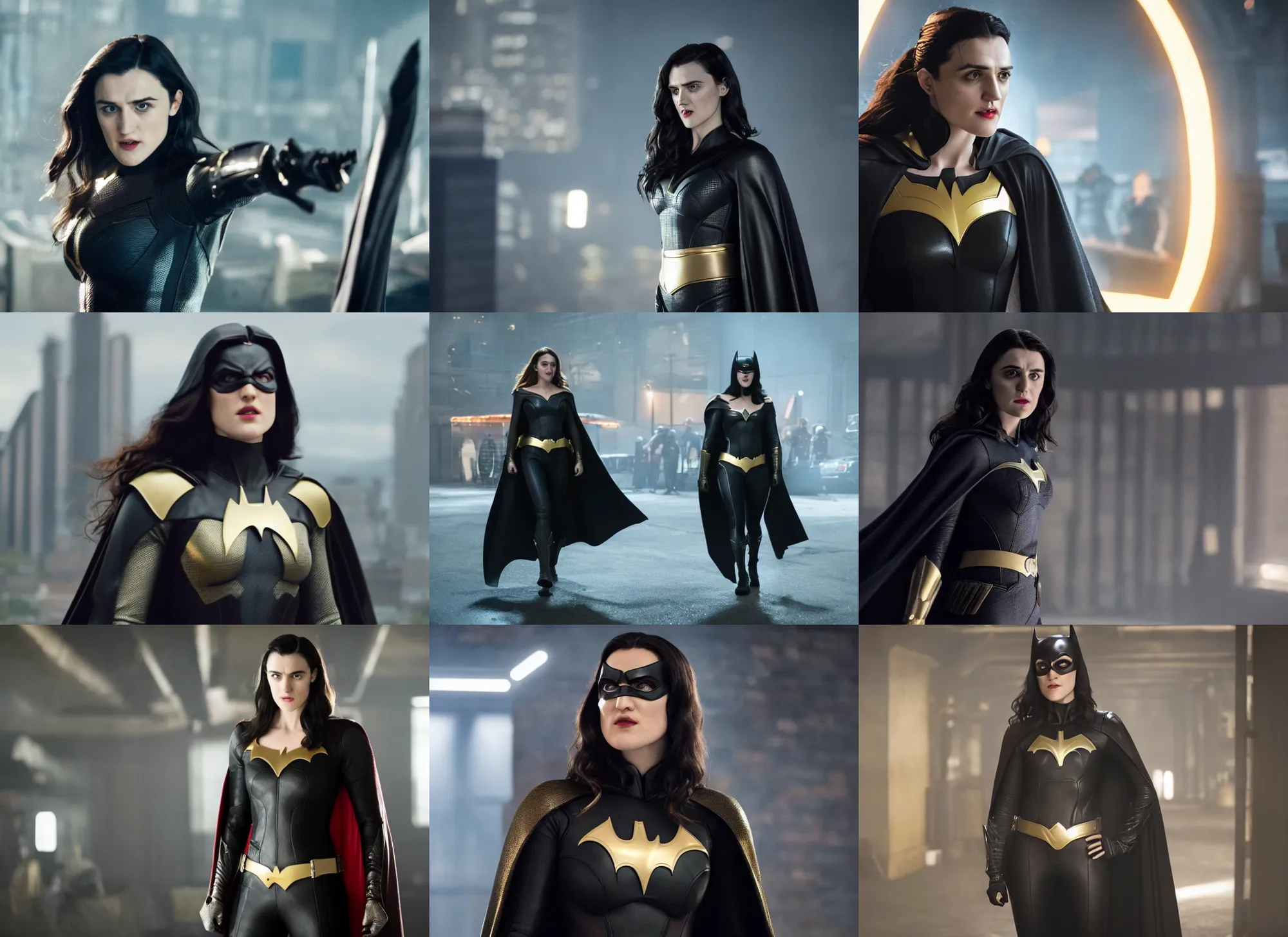 Prompt: film still of katie mcgrath as superheroine in the new batgirl movie, black cape, black leather, gold belt, movie still 8 k, batcave