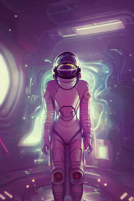 Image similar to portrait armored astronaut girl, control spaceship at command room, ssci-fi, neon light, galaxy light effect and fantasy, intricate and very very beautiful and elegant, highly detailed, digital painting, artstation, concept art, smooth and sharp focus, illustration, art by tian zi and WLOP and alphonse mucha