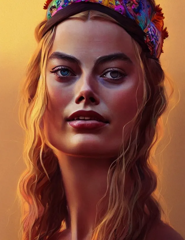 Image similar to portrait of a young margot robbie wearing boho clothing, hippie, long hair, groovy hairband, bangs, intricate, smooth, groovy lighting, highly detailed, digital painting, artstation, concept art, smooth, sharp focus, illustration, art by wlop, mars ravelo and greg rutkowski